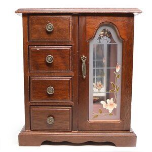 Vintage Gunther Mele Wooden Jewelry Box Armoire Carousel Etched Glass Floral